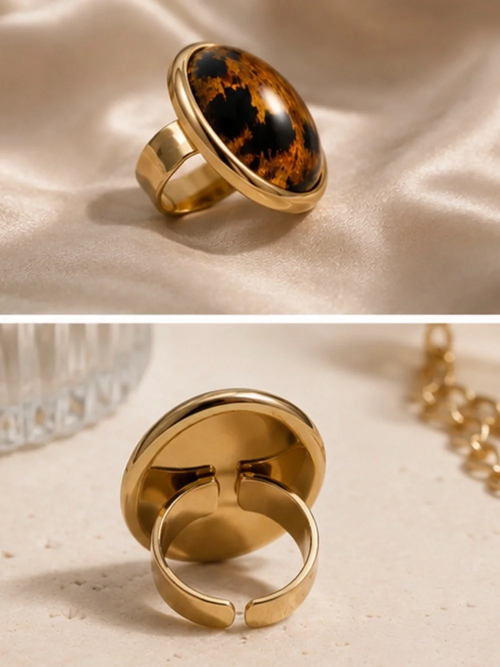 Amber-tone Dome Statement Ring - adjustable Gold Band